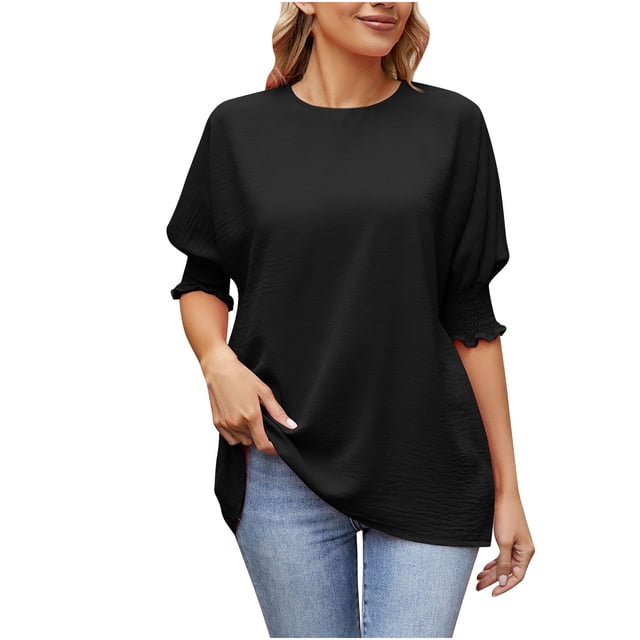 Timegard Hauts pour Femmes Manches Bouffantes 1/2 Col Rond Ample Couleur Unie Décontracté Voyage Mode Été