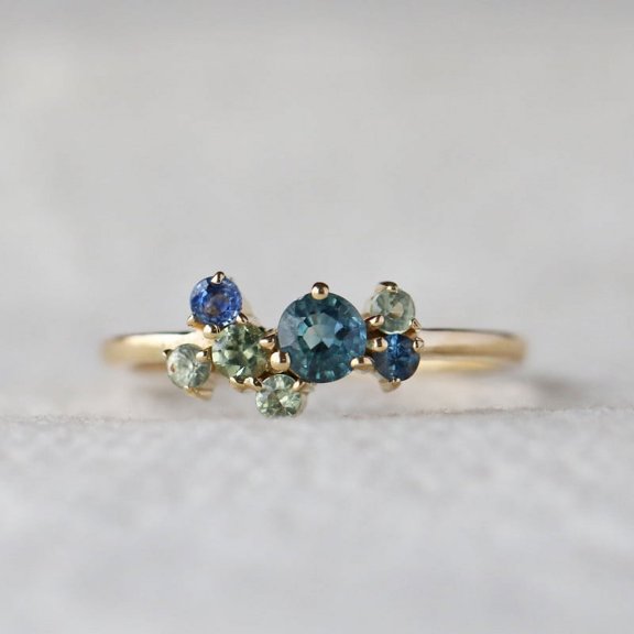 Blue & Green Sapphire Cluster Ring, Dainty Minimalist Ring, September Birthstone Ring, Birthday Gift, Lightweight Jewelry