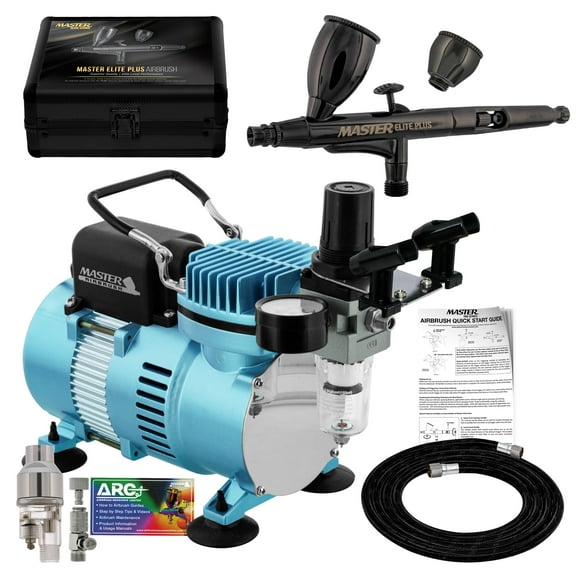 Master Airbrush Cool Runner II Dual Fan Air Compressor System with Compressor with Master Elite Plus Elite Level Performance Airbrush Set, Case, Dual-Action, 0.3mm Tip, 2 Cups, Hose, Holder, Filter