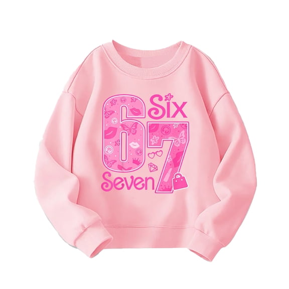 67 Print Crewneck Sweatshirt, Casual Long Sleeve Pullover for Everyday Comfort, Soft Jogger Top for Boys and Girls,Pink 160