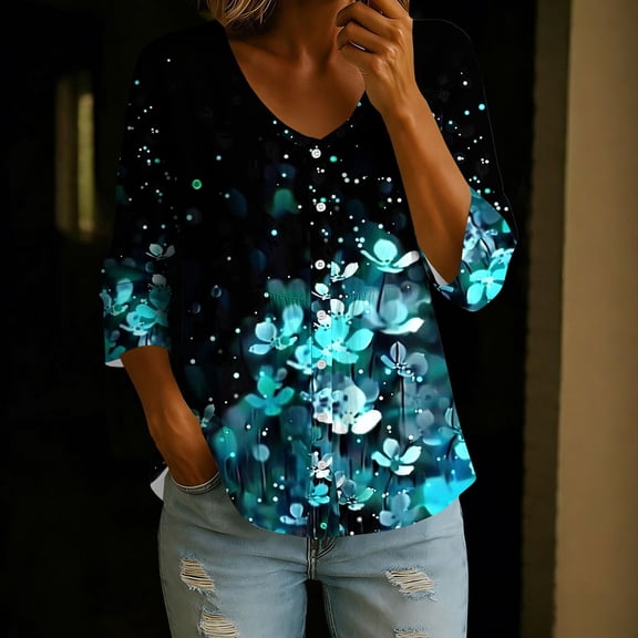 Favoffer Women's Floral Print Button Down Shirts V Neck 3/4 Sleeve Loose Fit Casual Tops Lightweight Blouses for Office Work Vacation Daily