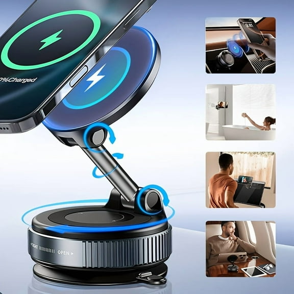 15W Wireless Charging Phone Holder - 360° Rotatable Vacuum Magnetic Mount with Ultra-Strong Magnet, Portable Car Suction Cup, Lightweight Universal for iPhone 16/15/14&All Smartphones