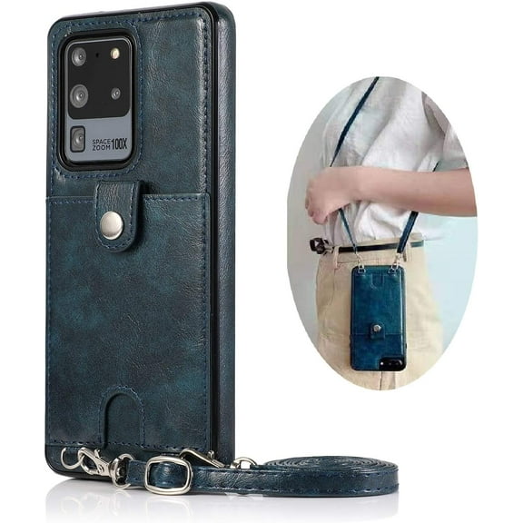 PU Leather Wallet Case for Samsung Galaxy S20 Ultra Necklace Crossbody Lanyard Case Cover with Card Holder Adjustable Detachable Anti-Lost Neck Strap Case for Samsung Galaxy S20 Ultra,6.9",Blue