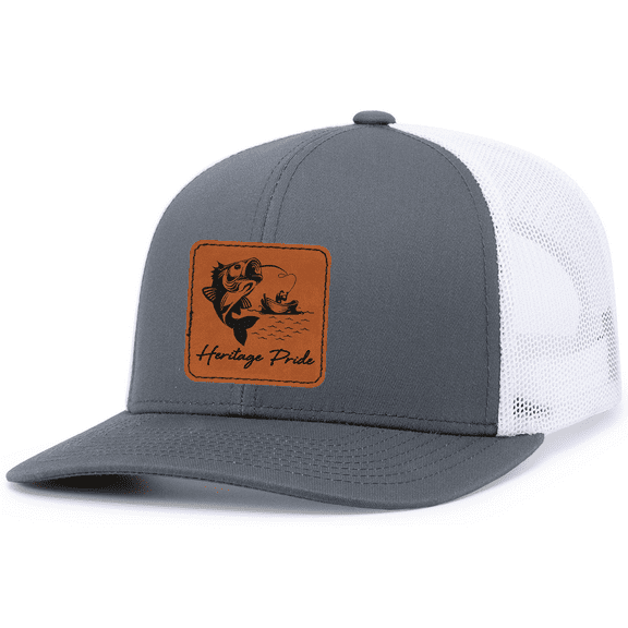 Heritage Pride Mens Hooked Trout Fishing Leather Patch Mesh Back Trucker Hat-Charcoal/White