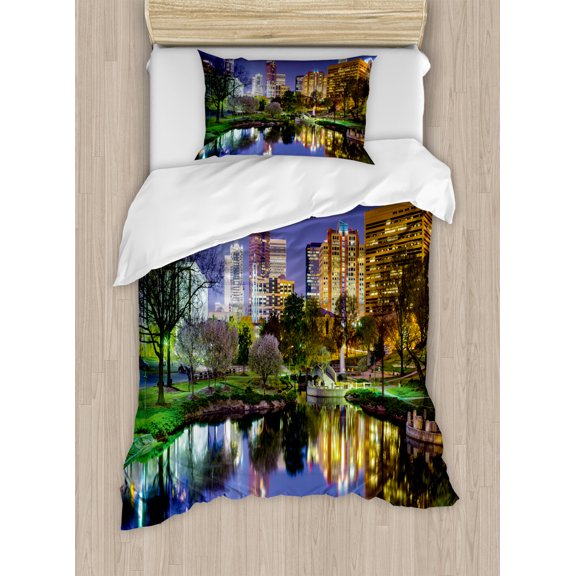 City Duvet Cover Set Twin Size, North Carolina Marshall Park United States American Night Reflections on Lake Photo, Decorative 2 Piece Bedding Set with 1 Pillow Sham, Multicolor, by Ambesonne