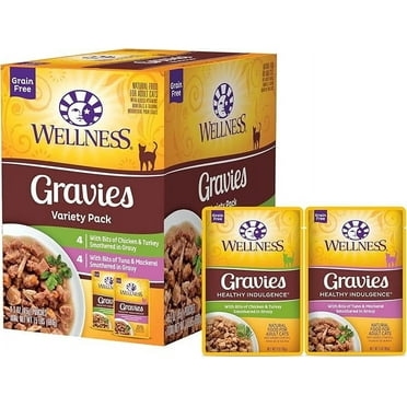 Wellness Healthy Indulgence Gravies Grain-Free Wet Cat Food, Made with Natural Ingredients and Quality Proteins, Complete and Balanced Meal, 3 oz Pouches (Gravies Variety Pack, 8 Pack)