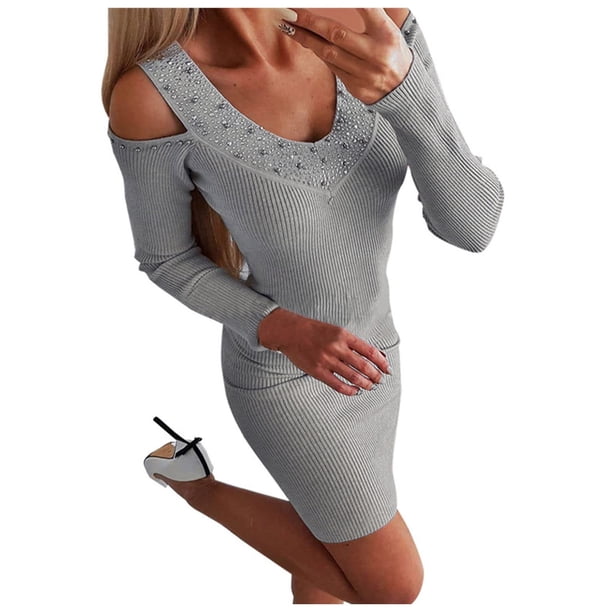 Mini vestido ajustado de manga larga de Color sólido con cuello en V y pulóver de moda Sexy para mujer Fridja NMB643