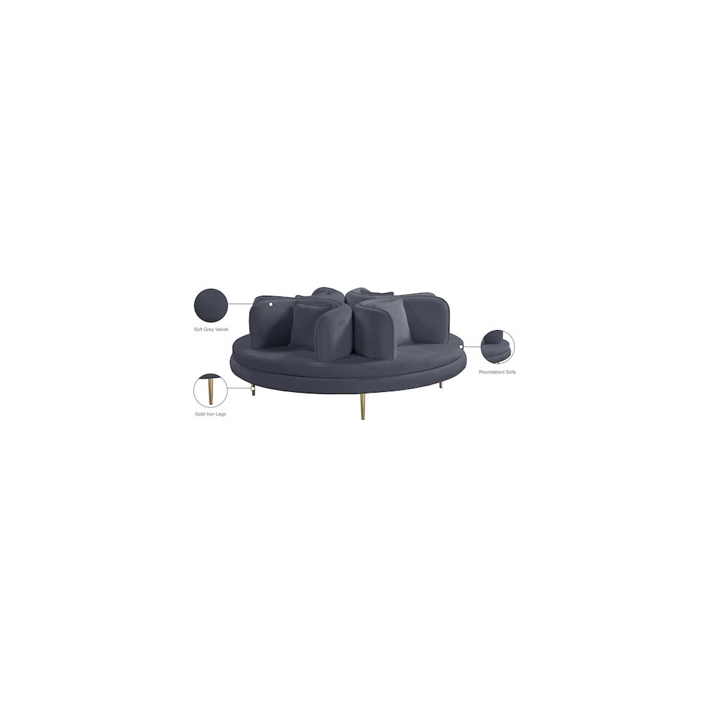 Meridian Furniture Circlet Gray Velvet Roundabout Sofa with Gold Iron Legs