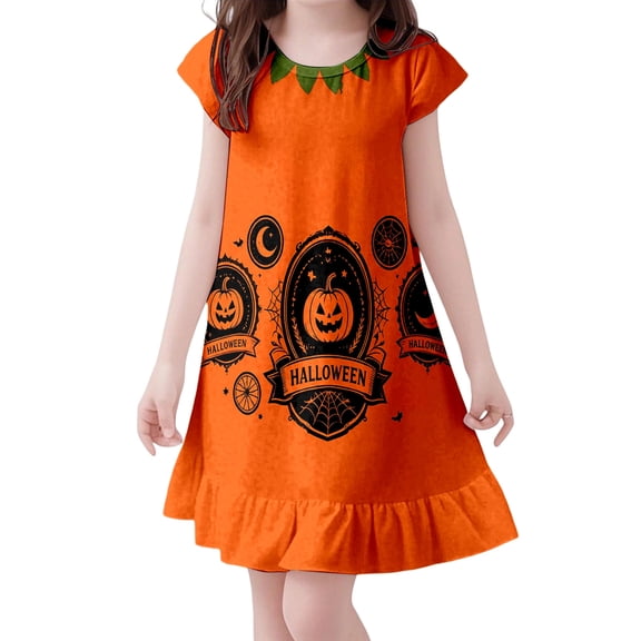 Curuila Children Girls Halloween Dress Flutter Sleeve Hallowmas Pumpkin Print Crew Neck For Party Fashion Dresses Size 3-4 Years