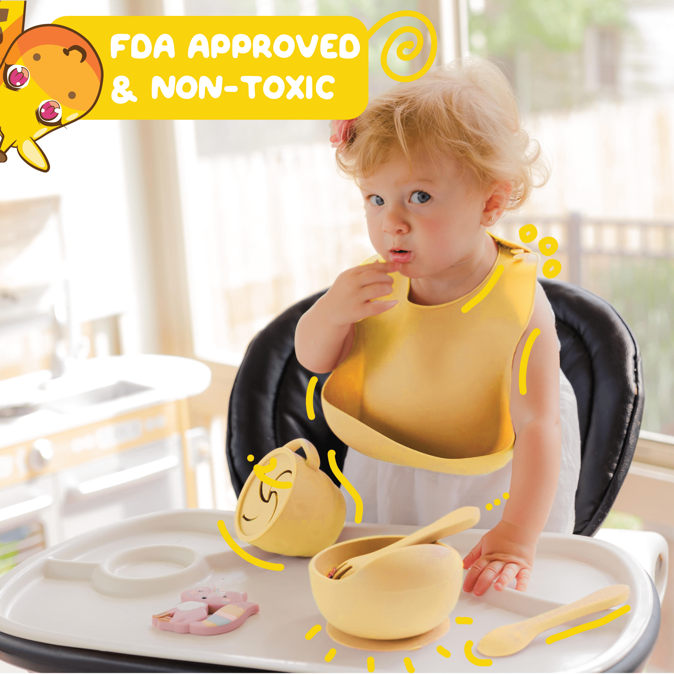 Muqee Peeko Mustard Yellow Silicone Baby and Toddler Feeding Set - Plate Set with Utensils (6 Piece Set)