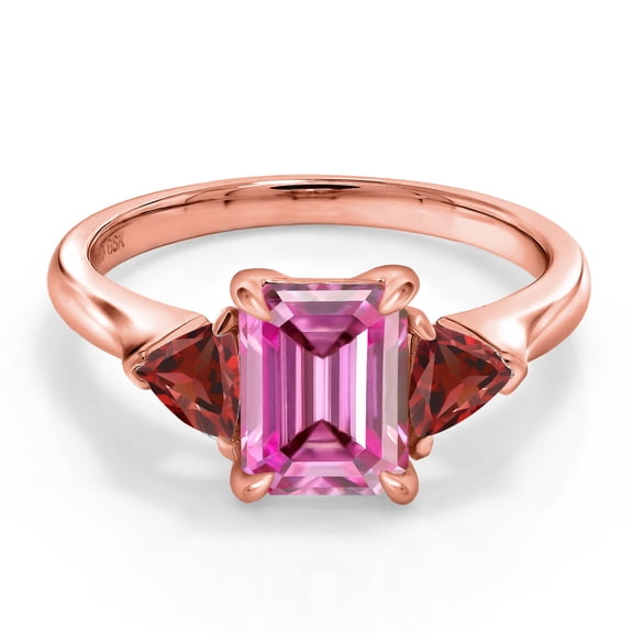 Gem Stone King 18K Rose Gold Plated Silver 3-Stone Ring Octagon Pink Moissanite and Garnet Red (2.15 Cttw, Size 9)