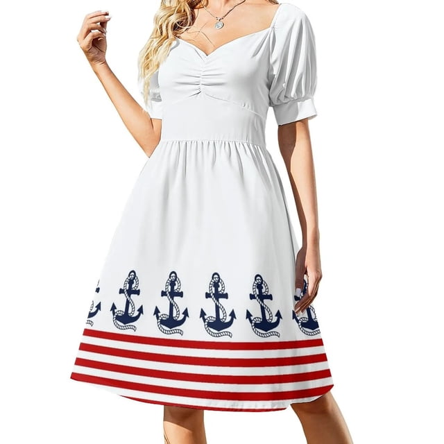 Robe Rouge et Blanche à Rayures avec Ancre Bleu Marine Robe d'Invité de Mariage 2024 Longue Robe Femme Été