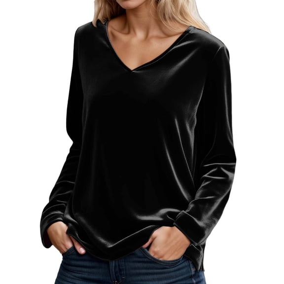 Velvet Tops for Women Dressy Casual V Neck Shirts Loose Fit Long Sleeve Vintage Velour Blouse Solid Holiday Party Outfits