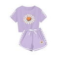 thumbnail image 3 of EWASWON Kids Girls Clothes on Clea-rance,Summer Daisy Print Plaid Sleeve T-Shirt Tops and Elastic Shorts Pants Casual Outfits Set,Purple,Size 13 T, 3 of 8
