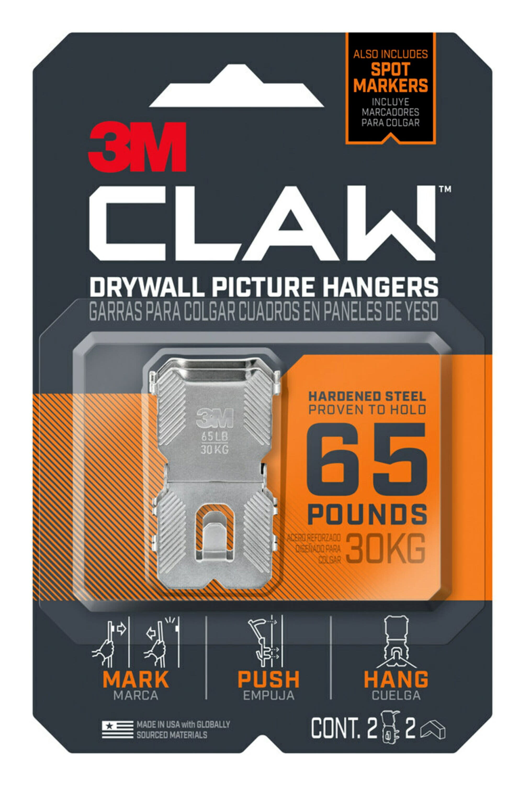 3M CLAW Drywall Picture Hanger with Temporary Spot Marker, Holds 65 lbs, 2 Hangers, 2 Markers