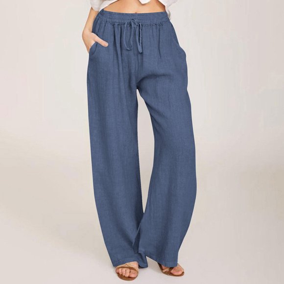 LOVZFMLL Women's Pants, Casual Linen Drawstring Elastic Waist Long Wide Leg Pants Navy, L
