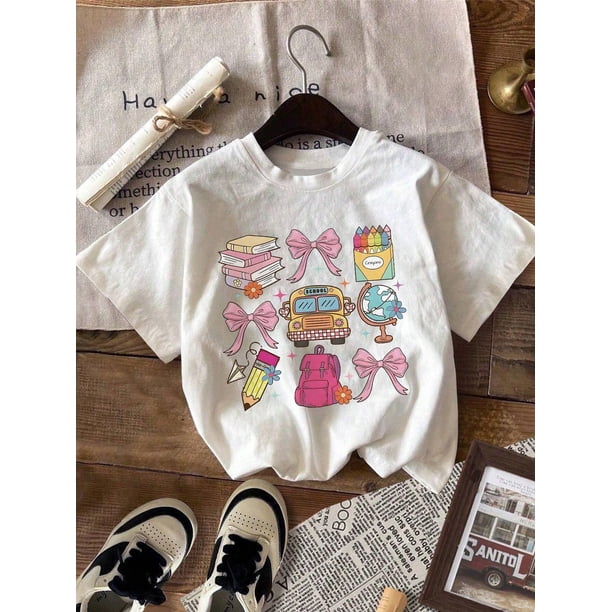 Young Girl's Cartoon And Bowknot Print Round Neck Short Sleeve Tee Spring And Summer Casual T Shirt For Young Girl