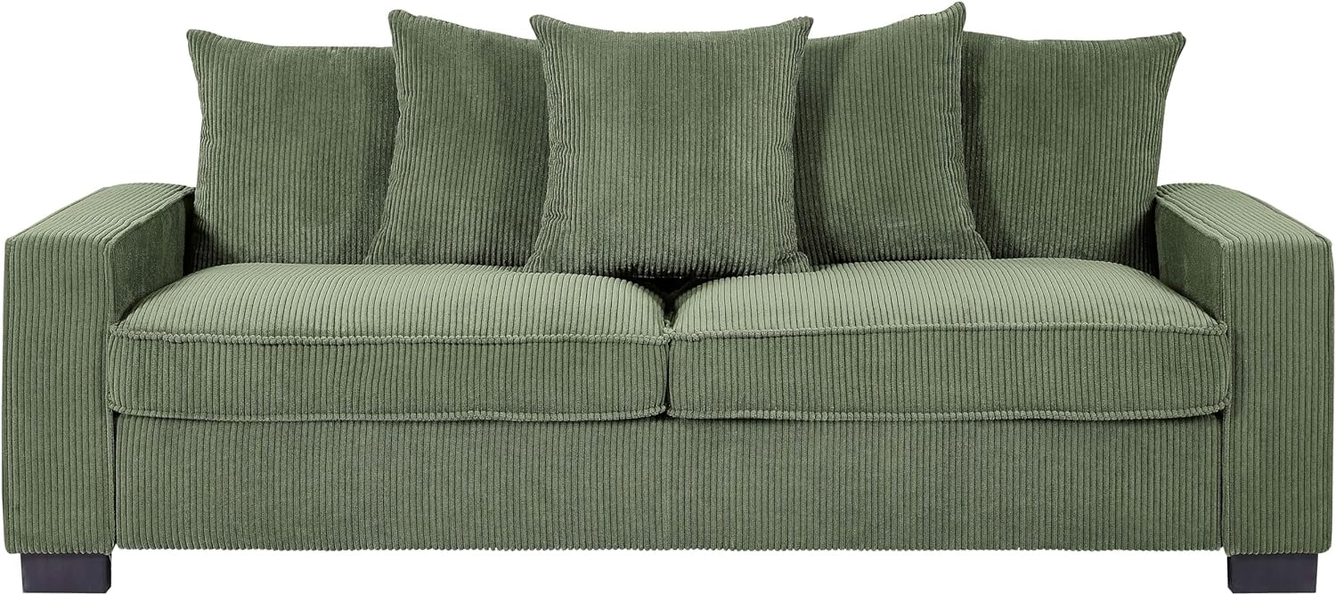US Pride Furniture Luxe Corduroy Sofa with 5 Matching Toss Pillows, Sleek Design, Spacious and Comfortable 3 Seater Couch for Modern Living Room Dark Green