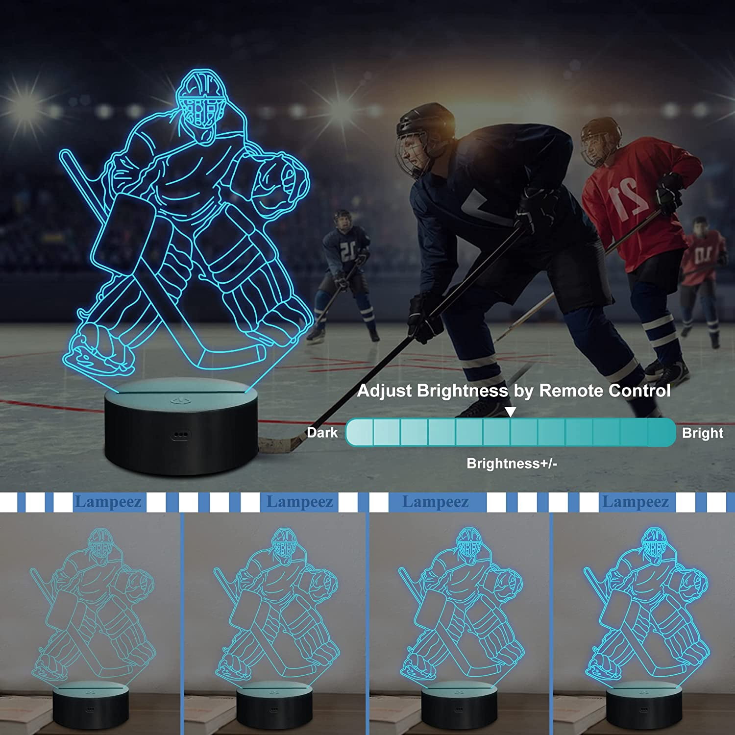 Lampeez 3D Hockey Player Night Light – Illusion LED Lamp With 16 Colors, Remote Control, Timer & Dimmable, Great Gift For Sports Fans, Kids, And Bedroom Decor