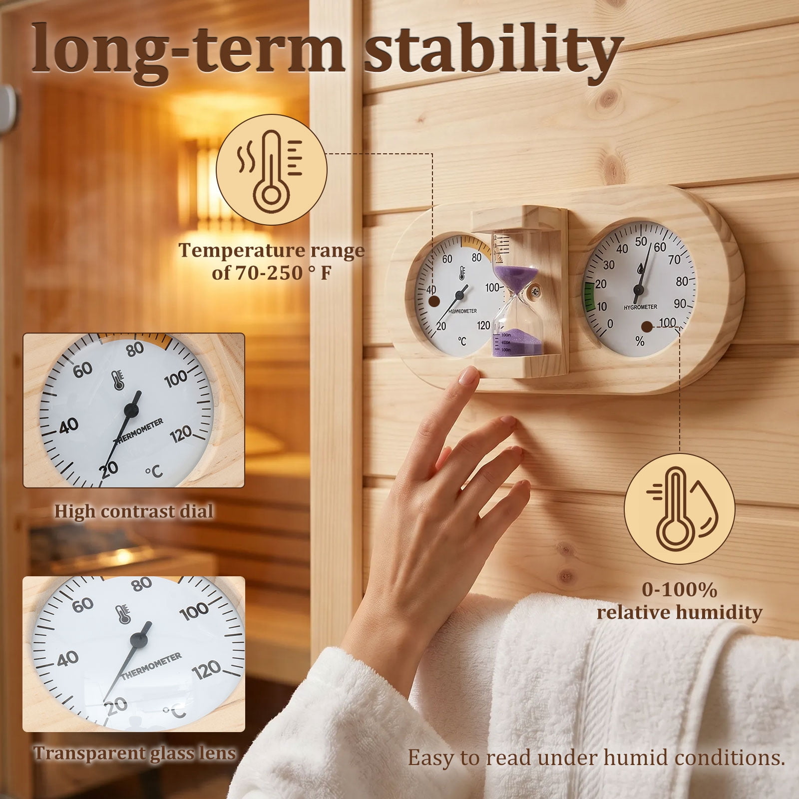 Xdziklosj Wooden Sauna Thermometer Hygrometer with 15 Minute Hourglass Timer Wall Mount Sauna Temperature Gauge for Home and Commercial Use