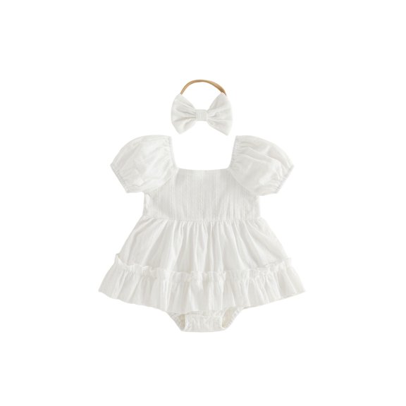 Cenuakty Baby Girl Romper Dress Solid Color Square Neck Short Sleeve Skirt Hem Infant Bodysuits Jumpsuits with Headband