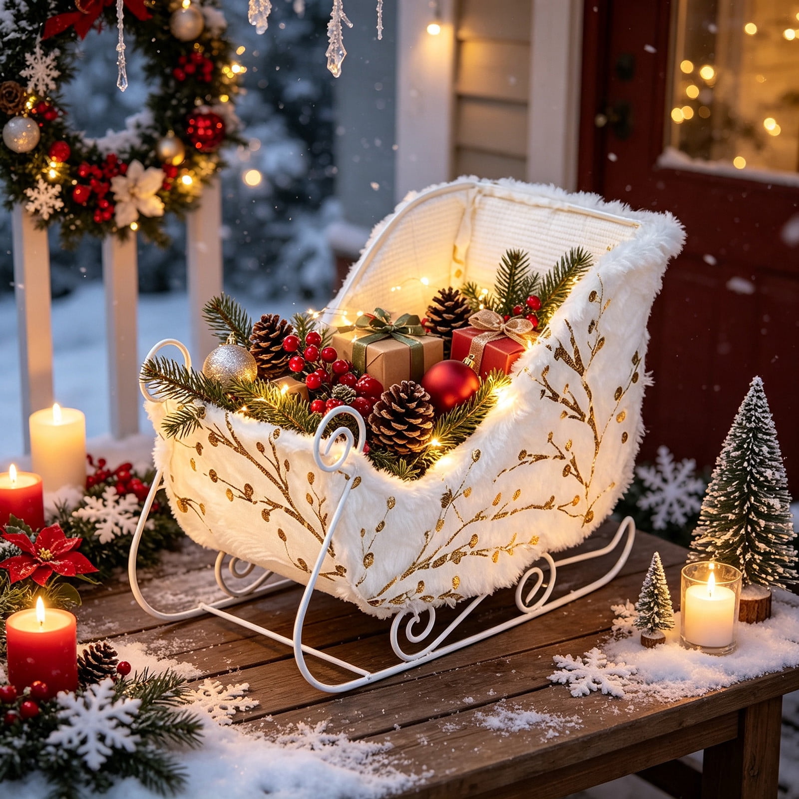 Christmas Sleigh Shaped Flower Basket 10.6 Inch Multifunctional Cloth Candy Storage Basket for Living Room Bedroom Dining Table White Holiday Decorative Organizer Festive Gift