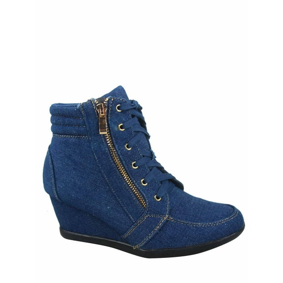 Peggy-56 Women's High Top Fashion Round Toe Lace Up Wedge Sneaker Shoes ( Denim Blue, 8 )