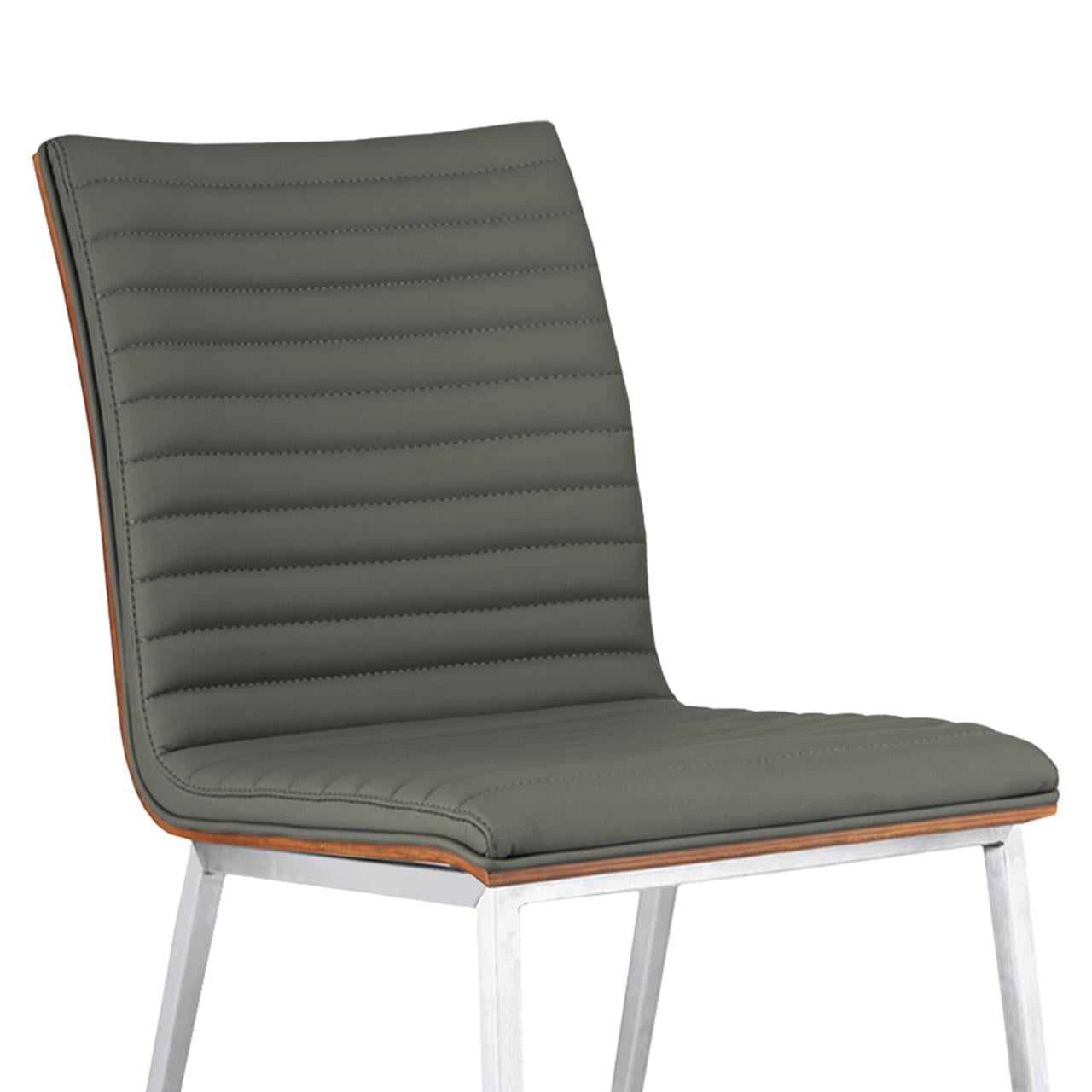 Café Brushed Stainless Steel Dining Chair in Gray Faux Leather with Walnut Back - Set of 6