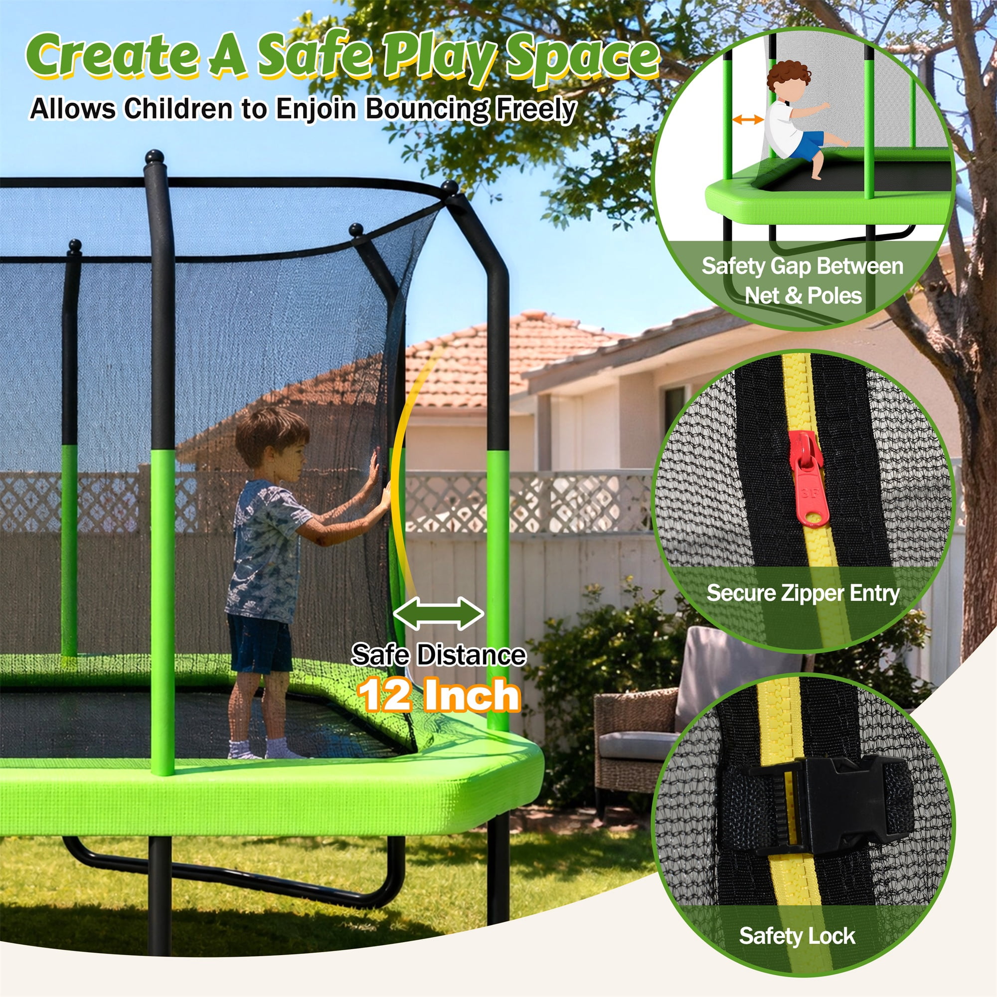 Alvantor 8x14 ft Rectangle Trampoline for Kids, Outdoor Trampolines with Enclosure Net for Gymnastics Green