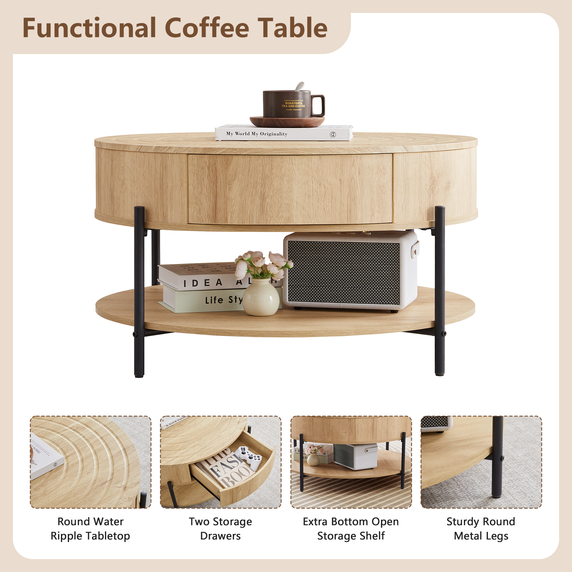 Wirrytor 30" Round Coffee Table with 2 Drawers and Storage Shelf, Modern Farmhouse Tea Table with Natural Tree Rings Top, Natural