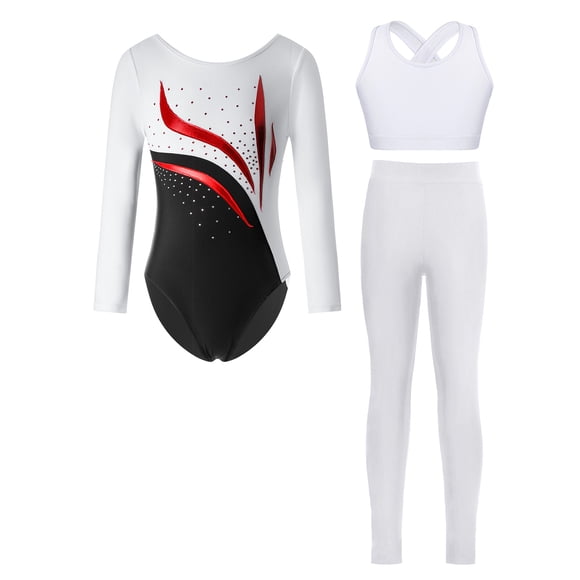 RUNQHUI Kids Girls Long Sleeve Gymnastics Leotard Dance Biketard Skating Jumpsuit Vest with Leggings Pants Set Activewear White 6