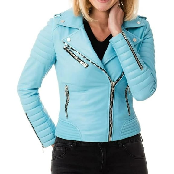 New HOT Women Lambskin Real Leather turquoise Blue Jacket Motorcycle Quilted Slim Fit Coat W148