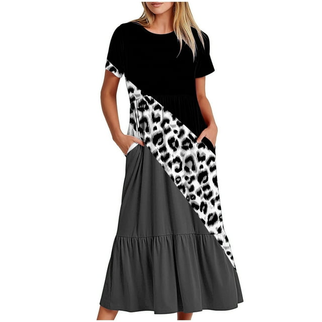Fankiway Robe Longue Ample à Manches Courtes avec Poche et Col Rond Imprimé pour Femmes Rondes Robes de Printemps pour Femmes 5942