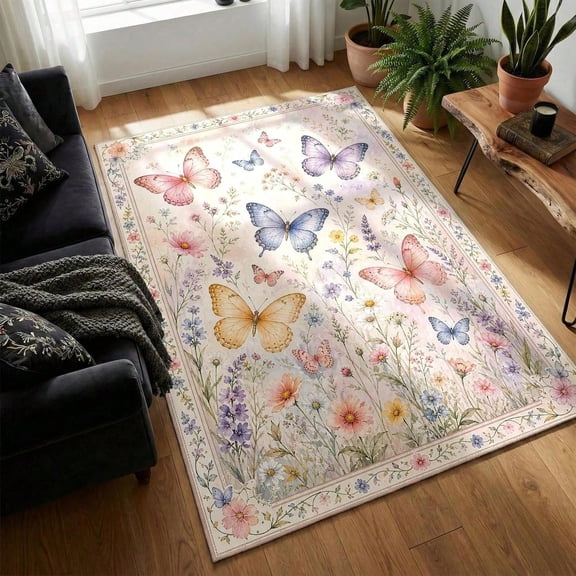 [Room Decor Rug]Whimsical Butterfly Meadow Rug Aesthetic Colorful Floral Print