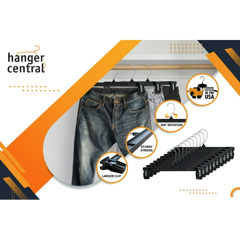 Hanger Central Recycled Black Heavy Duty Plastic Pants & Skirt Bottom  Hangers with Padded Pinch Clips and Polished Metal Swivel Hooks, 14 Inch, 50  Pack 