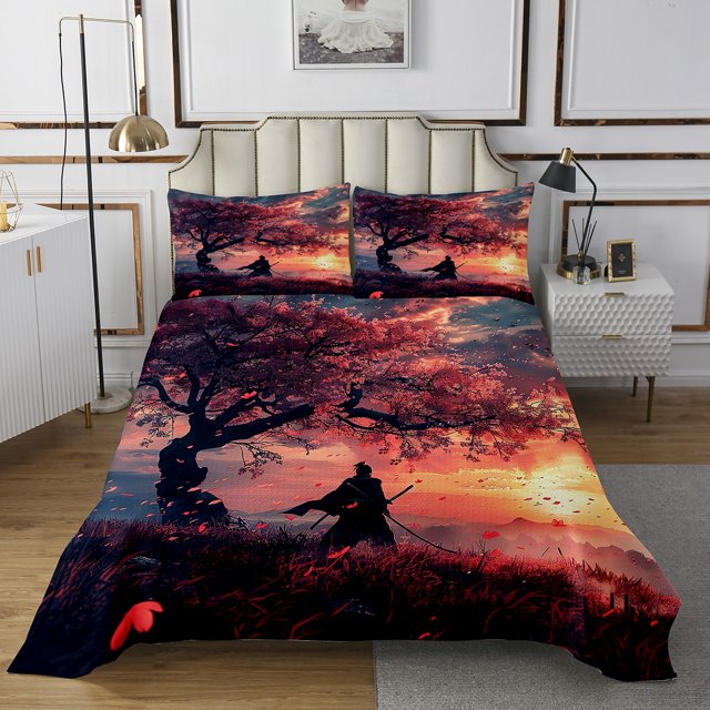 YST Japanese Samurai King Quilt Set Chic Cherry Blossoms Coverlet Set, Natural Sunset Bedding Set Mountain Tree Reed Marsh Bedspread Set, Asian Oriental Eastern Bed Quilt