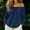 thumbnail image 6 of ClodeEU Women's Off Shoulder Long Sleeve Blouse, Casual Solid Color Top with Ruffled Trim Navy,Women's Plus S, 6 of 8