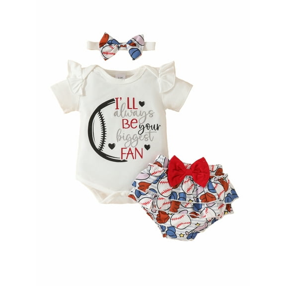 JYYYBF Baby Girl 3Pcs Baseball Outfits Short Sleeve Romper   Ruffle Shorts   Headband Set Newborn Clothes