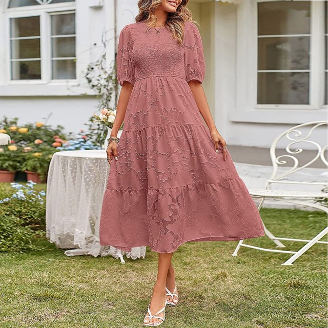 Robes Maxi pour Femmes Robe à Col Rond Décontractée à Manches Courtes Unie à Taille Superposée en Mousseline avec Ceinture Robe à Manches Courtes en Liquidation
