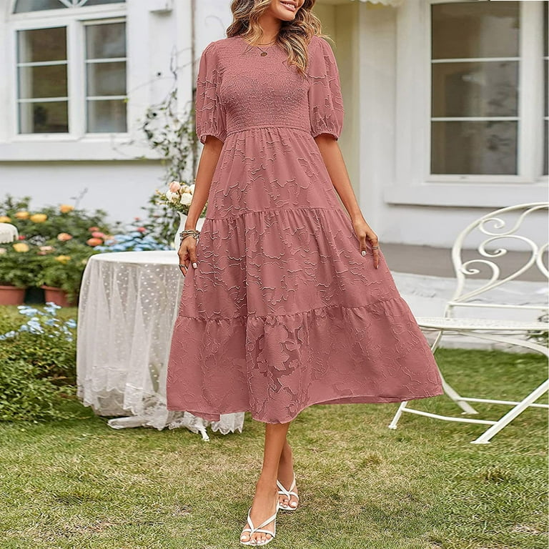 qolati Women's 2023 Summer Dresses Trendy Puff Sleeve Smocked Floral Dress  Elegant Crewneck Lace Flowy Tiered Maxi Dresses 