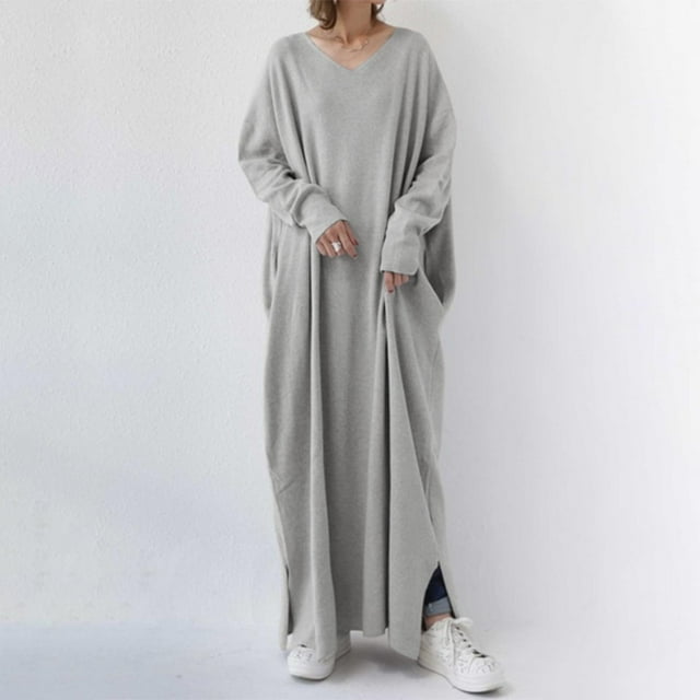 Weiqiqre Robes pour Femmes Grande Taille Solde de Feu Robe Décontractée pour Femmes Grande Taille Couleur Unie Col en V Manches Longues Hiver Automne Basique Décontractée Maxi Longue Robe Robe Quotidienne de Vacances