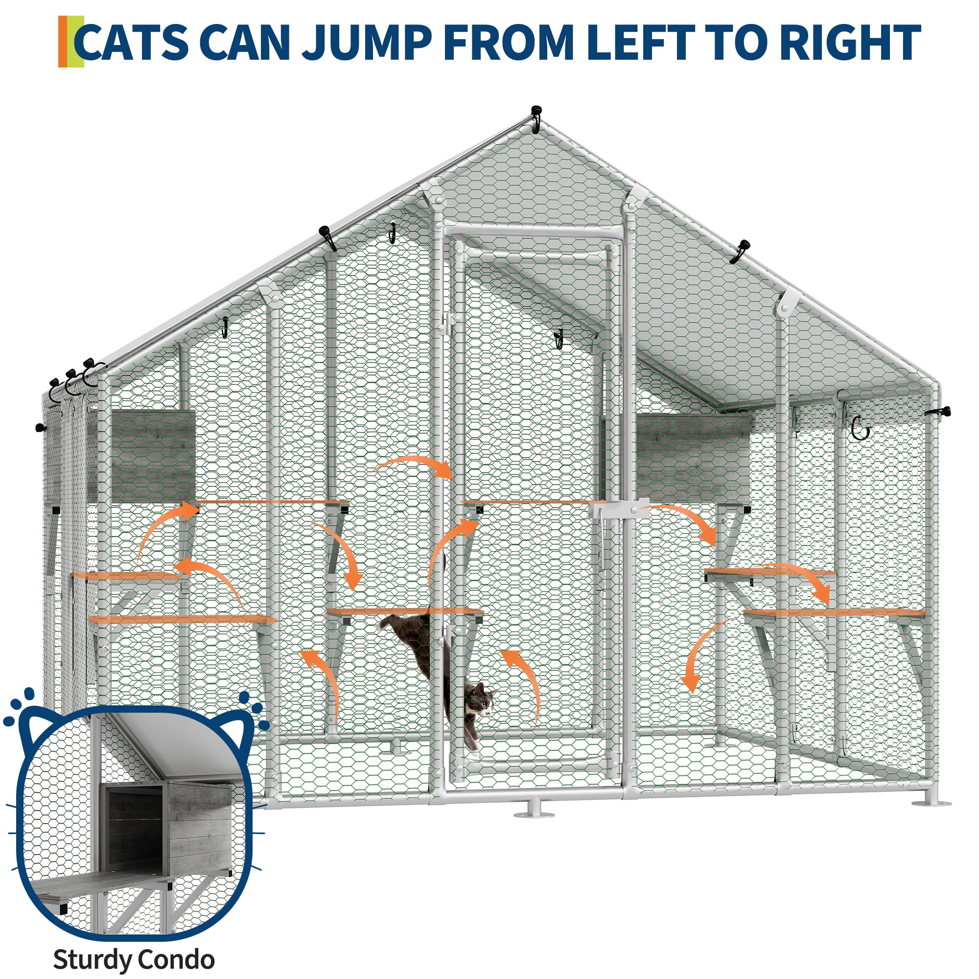 94.5" Large Outdoor Cat Enclosure (Catio) – Walk-In Design with 7 Platforms & 2 Condos
