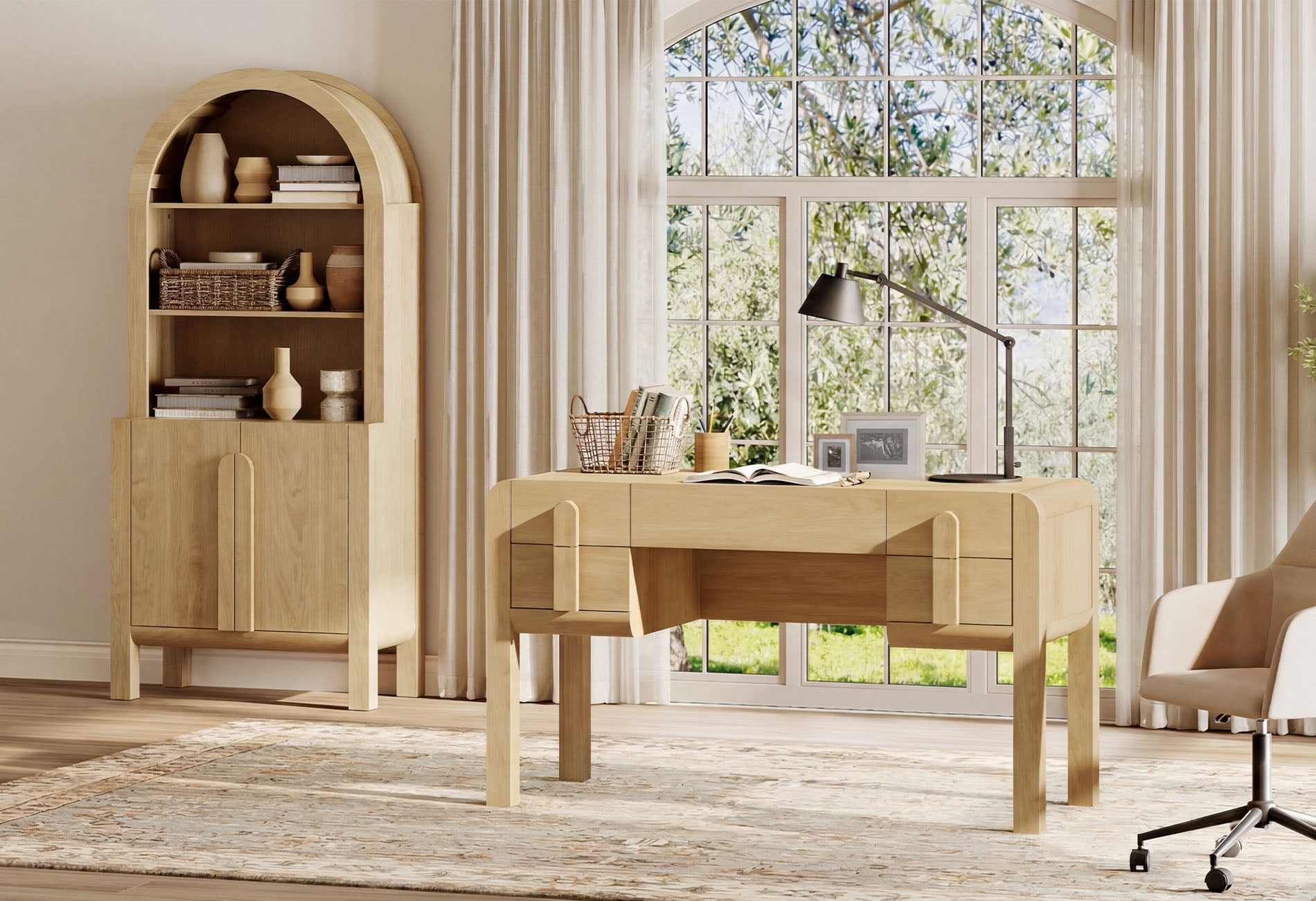 2 Piece Office Set, 53.5" Modern Executive Desk with Charging Station and Drawers & 71"H Tall 5-Tier Arched Bookcases with Storage Cabinet for Living Room, Bedroom, Home Office