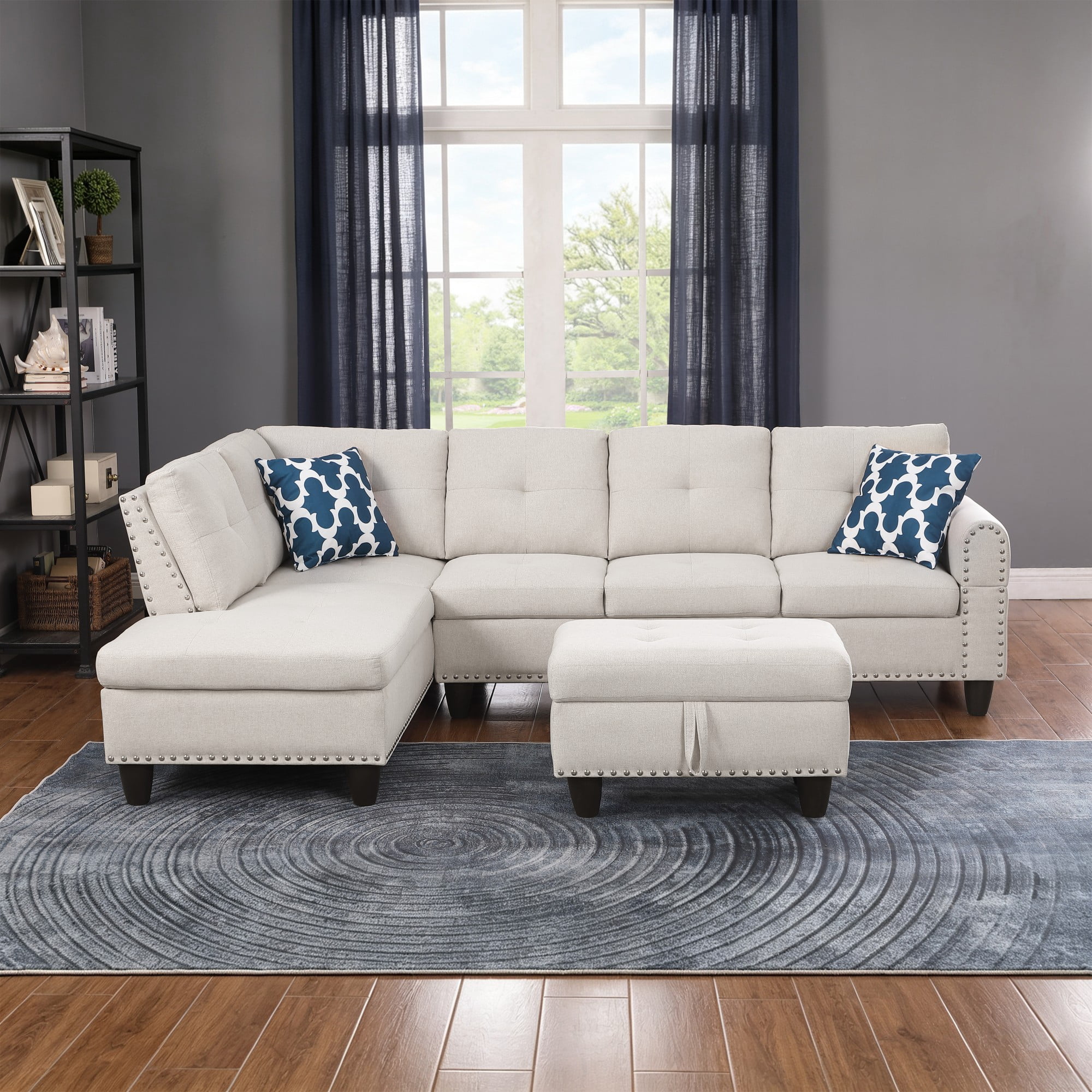 BSHTI 3-Seat Contemporary Linen L-Shaped Sectional Sofa with Reversible Storage Chaise, Storage Ottoman, Cup Holders for Living Room（Beige）