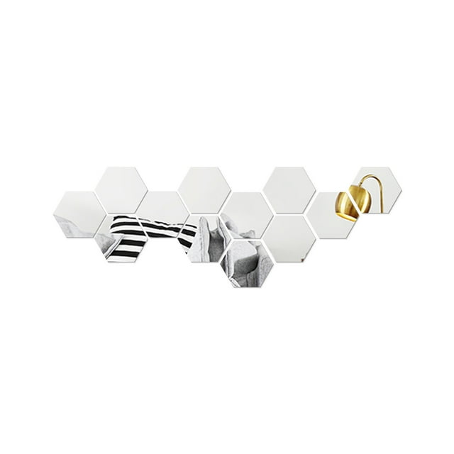 Decorative Mirrors for Wall Decor with 36 pieces of 3D hexagon-shaped vinyl removable wall stickers. Made of lightweight acrylic, these decals feature a reflective mirror effect and multicolour accents. The hexagonal arrangement highlights a modern aesthetic, with partial reflections of a lamp and striped pillow. Ideal for DIY home decor in TV walls, bedrooms, dining rooms, and wardrobes.