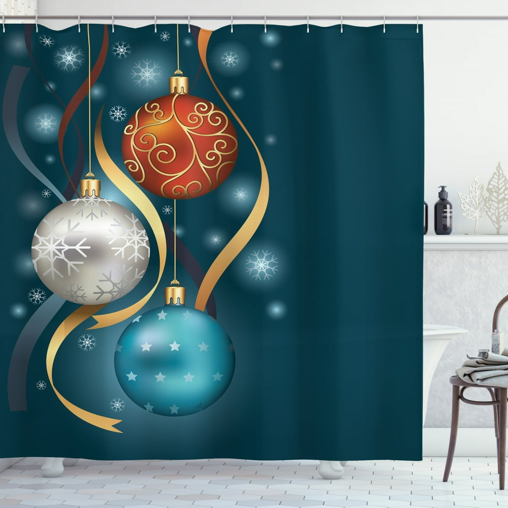 Christmas Shower Curtain, Vivid Classical Baubles with Ribbons and