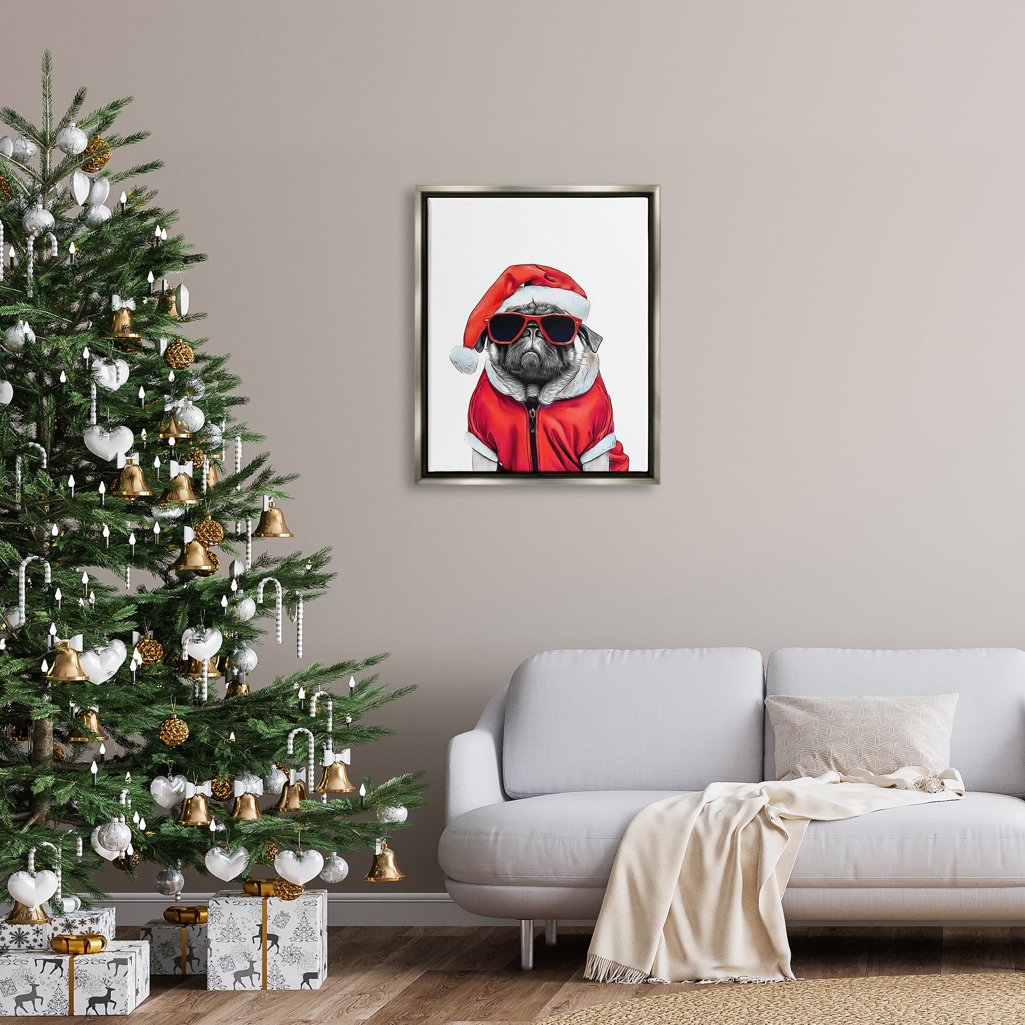 Stupell Industries Funny Pug Santa Hat Holiday Painting Gray Floater Framed Canvas Art Print Wall Art, 25 x 31