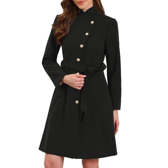 DARING DIVA Women's Stand Collar Belted Single Breasted Trench Pea Coat XS Black