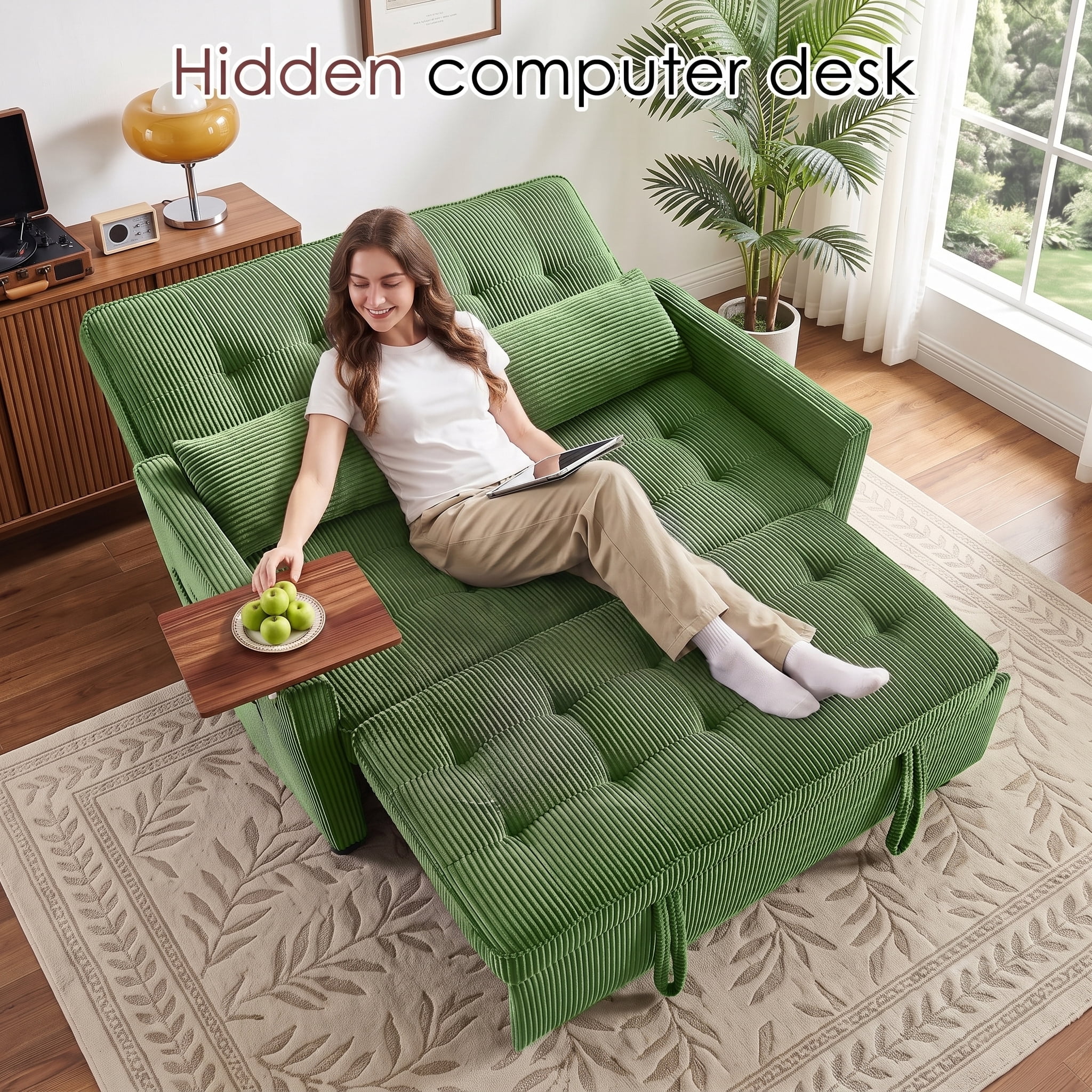avobird 54'' 3 in 1 Pull Out Sofa Bed, Convertible Couch with Adjustable Backrest/Side Pockets/USB Charging Ports, Sleeper Sofa with small table for Living Room, Green