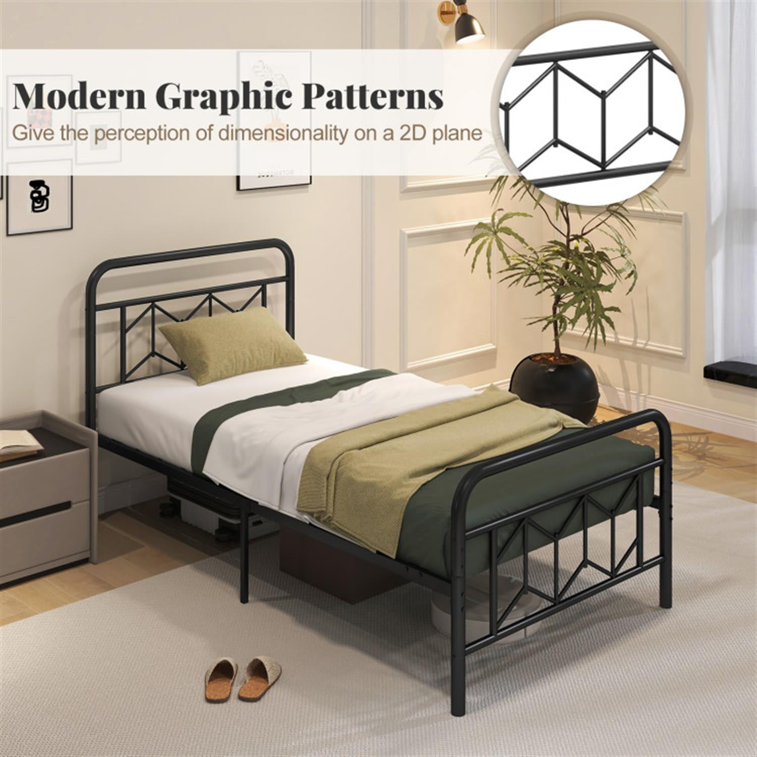 Demi Bonn Twin Size Bed Frame with High Headboard and Snap Lock Metal Slats, Platform Bed Frame with Under Bed Storage, No Box Spring Needed, Black